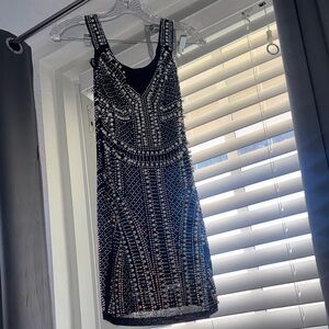 Glamorous Black and Silver Beaded Mini Dress
